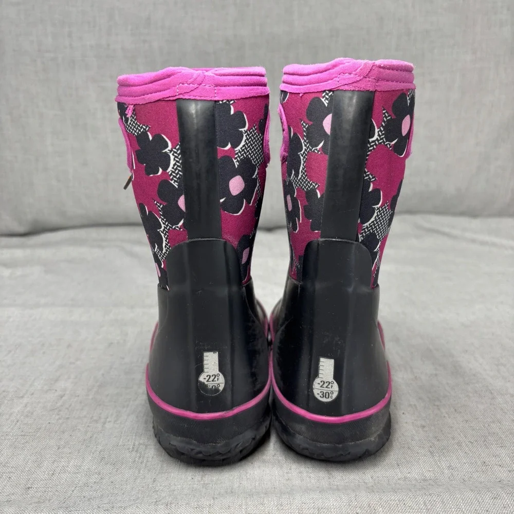 Bogs Grasp Rain Boots Black Pink Floral Waterproof Winter Boots Kids Youth Sz 2